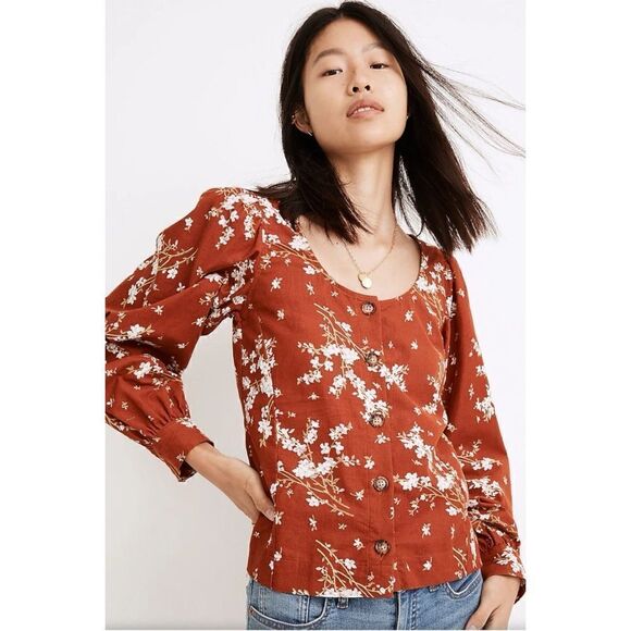Madewell Corduroy Shirred-Sleeve Button-Front Top in Farmstand Bouquet Size L - Picture 1 of 8